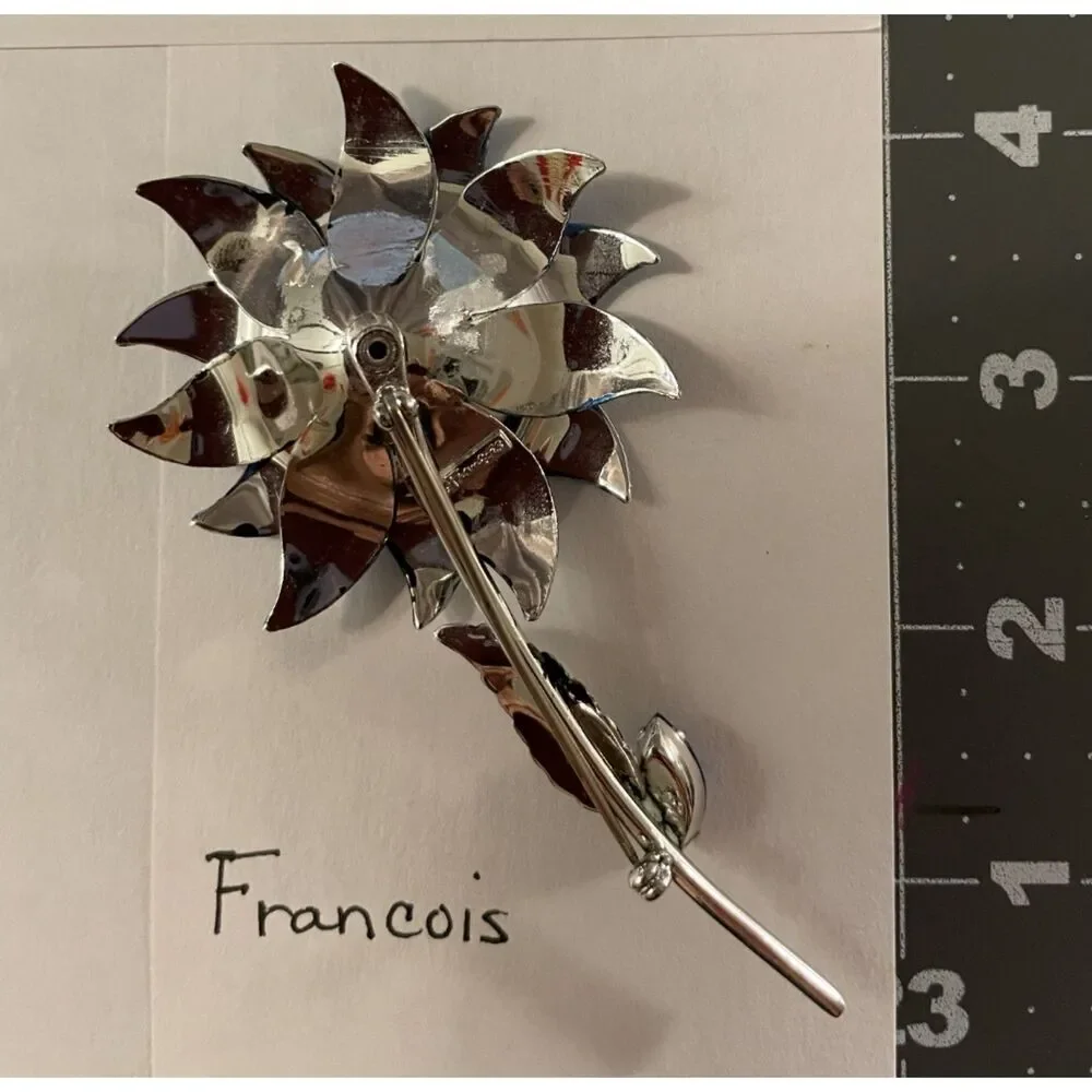 Vintage Francois Coro Blue Enamel Flower Brooch Rhinestone Stem Pin 3D Signed